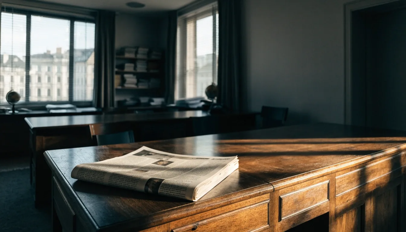 Redaktionsraum in München mit gefalteter Zeitung auf dem Tisch im Morgenlicht