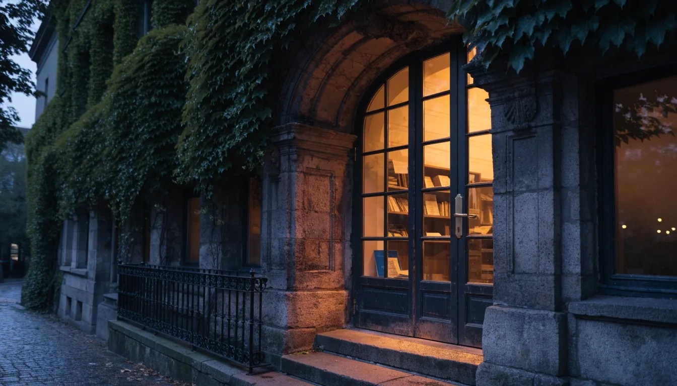 Abendliche Straße in München mit warm leuchtenden Fenstern