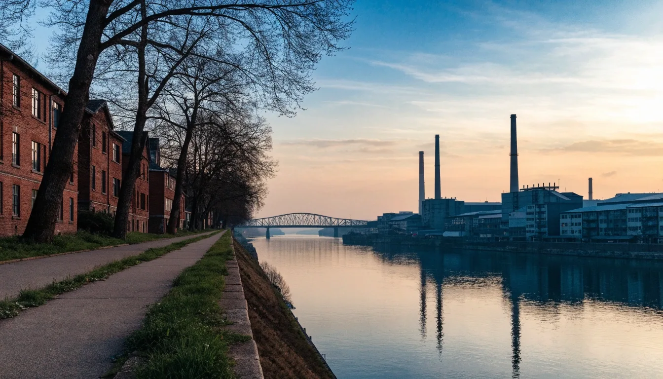Blick über eine Industriestadt am Fluss im Abendlicht