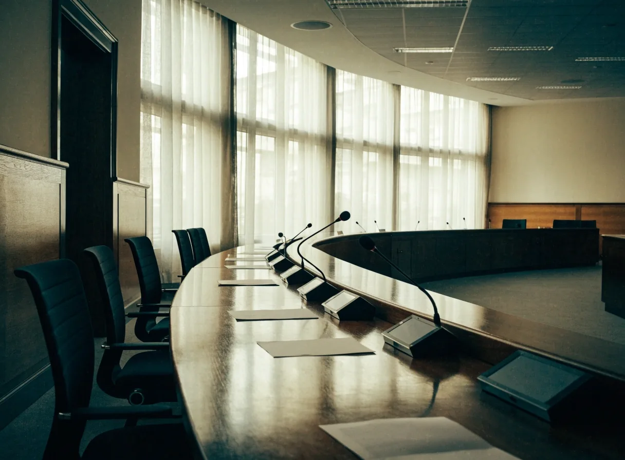 Leerer Ausschusssaal im Bundestag mit langem Holztisch