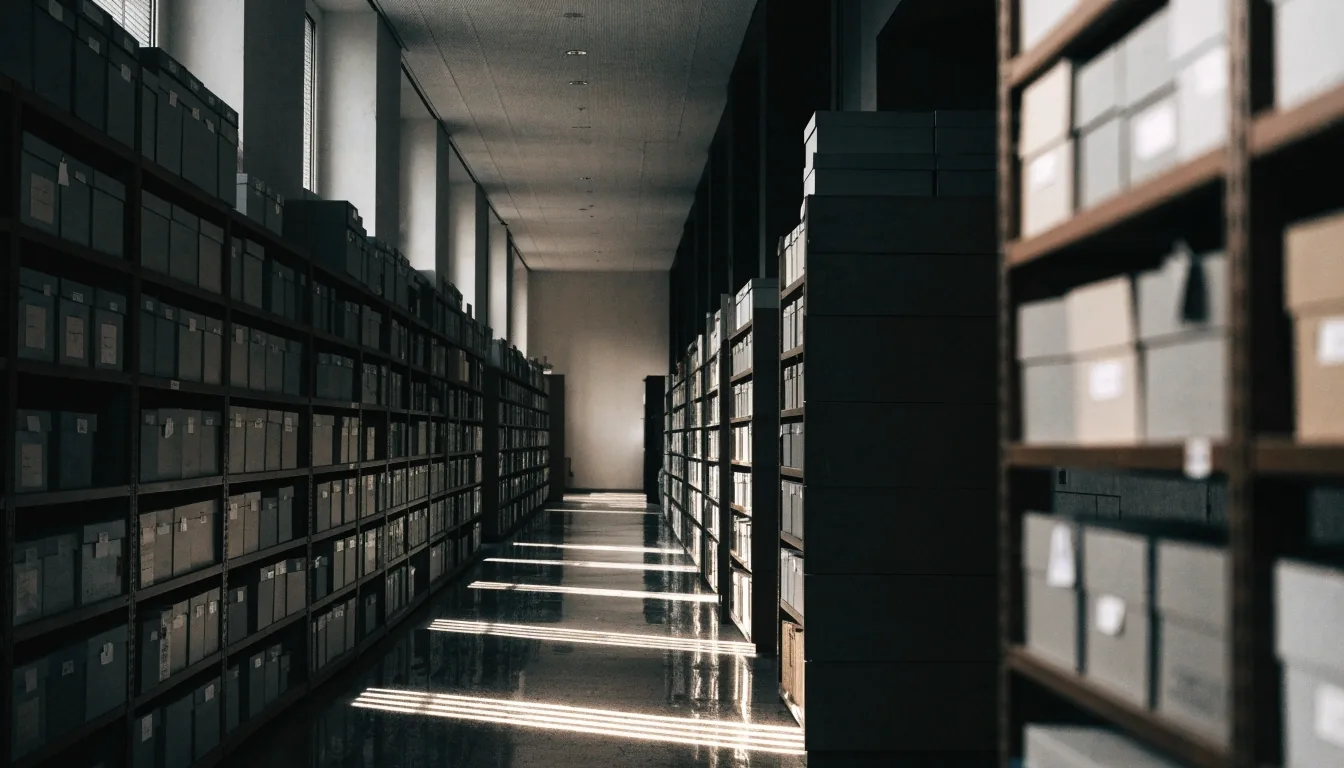 Archivkorridor mit einfallendem Tageslicht auf dem Boden, in dem für eine Recherche Daten und öffentliche Quellen abgeglichen werden