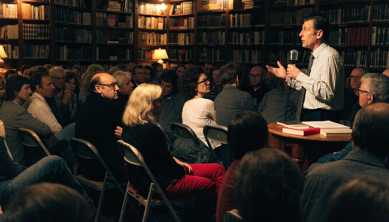 Abendliche Diskussionsveranstaltung in einer Münchner Buchhandlung mit dichtem Publikum