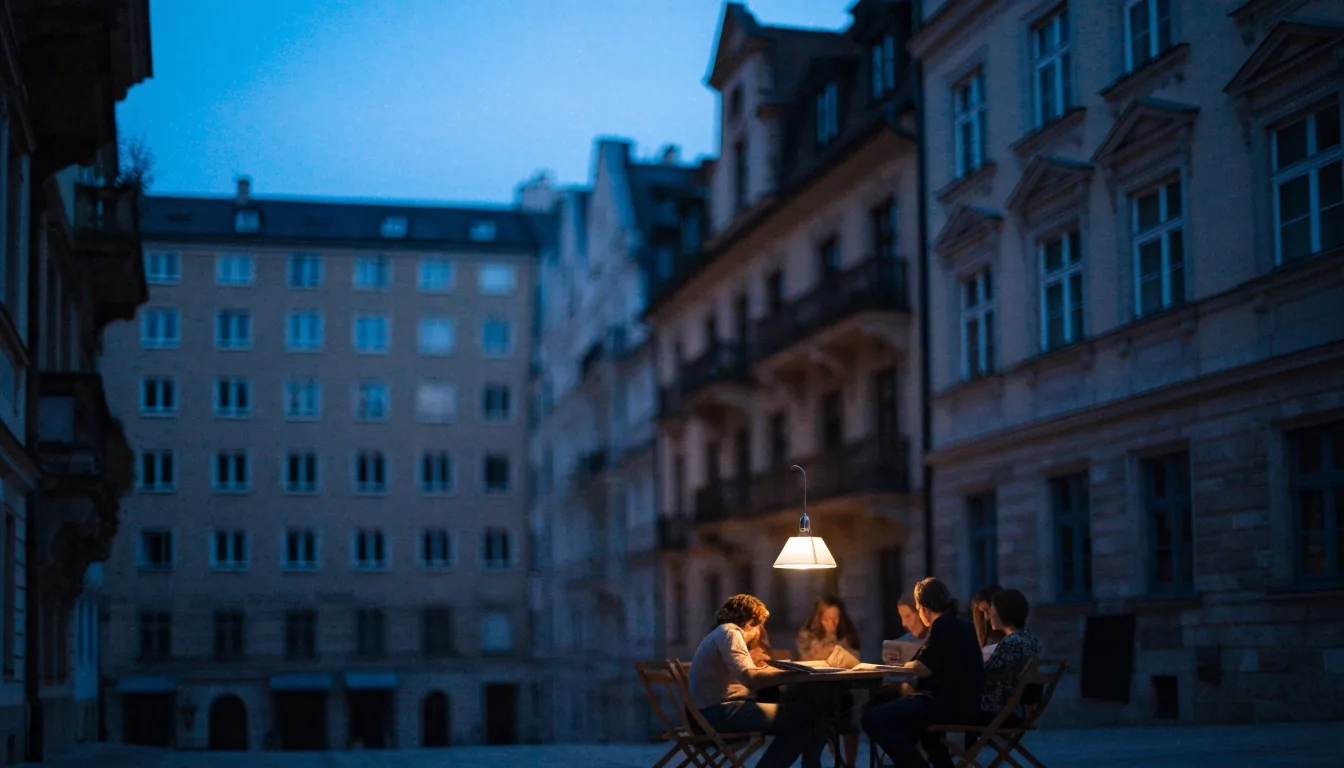 Abendliche Lesung in einem Münchner Innenhof mit Zuhörern im Dämmerlicht