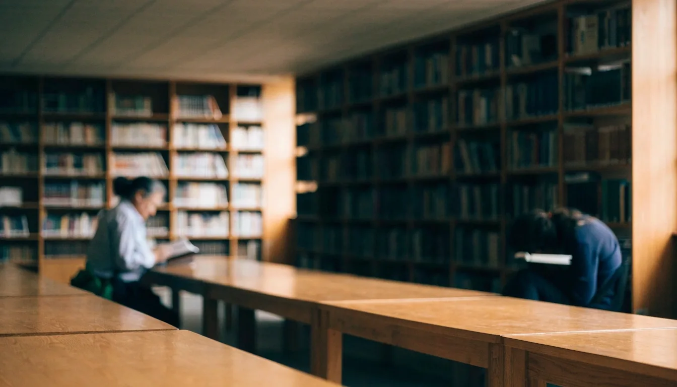 Lesesaal einer Münchner Bibliothek mit Tisch und hohen Regalen im Tageslicht