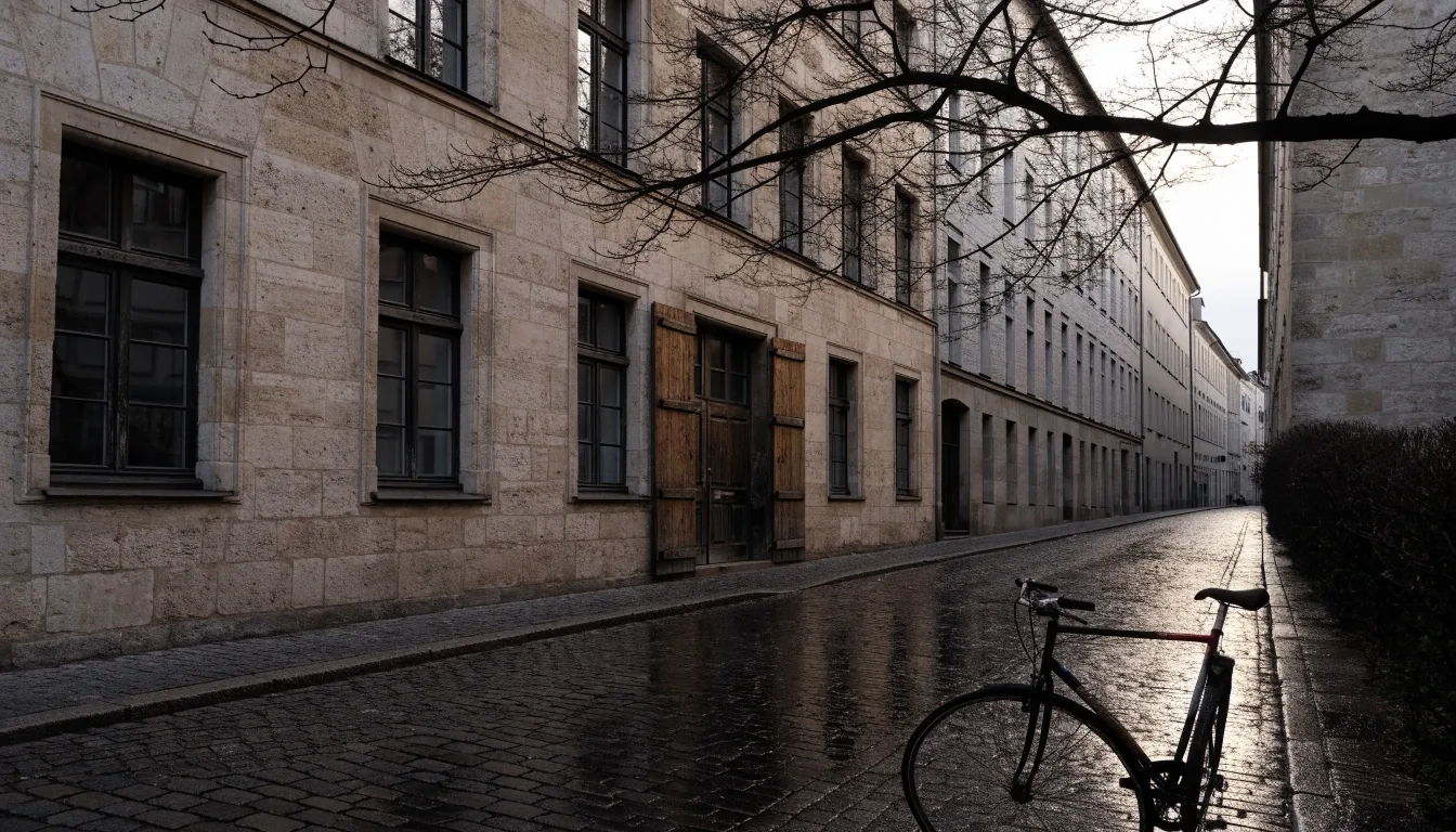 Ruhige Münchner Straße am Morgen mit Steinfassade und nassem Pflaster
