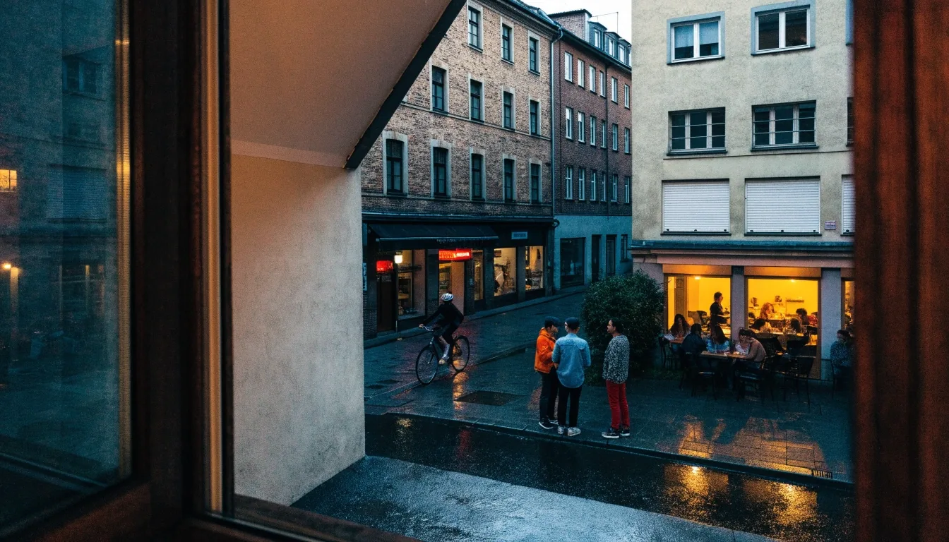 Abendliche Straßenszene im Glockenbachviertel mit beleuchtetem Café und Menschen im Gespräch