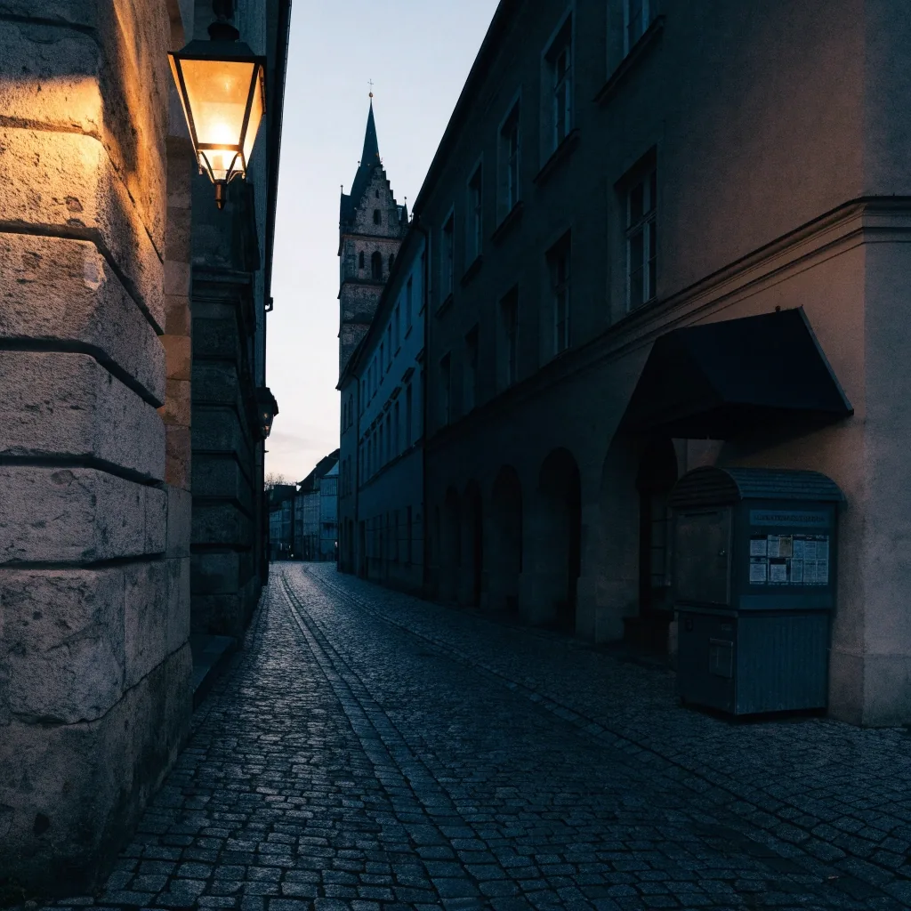 Ruhige Münchner Straßenecke in der Dämmerung mit brennender Laterne und Zeitungskiosk