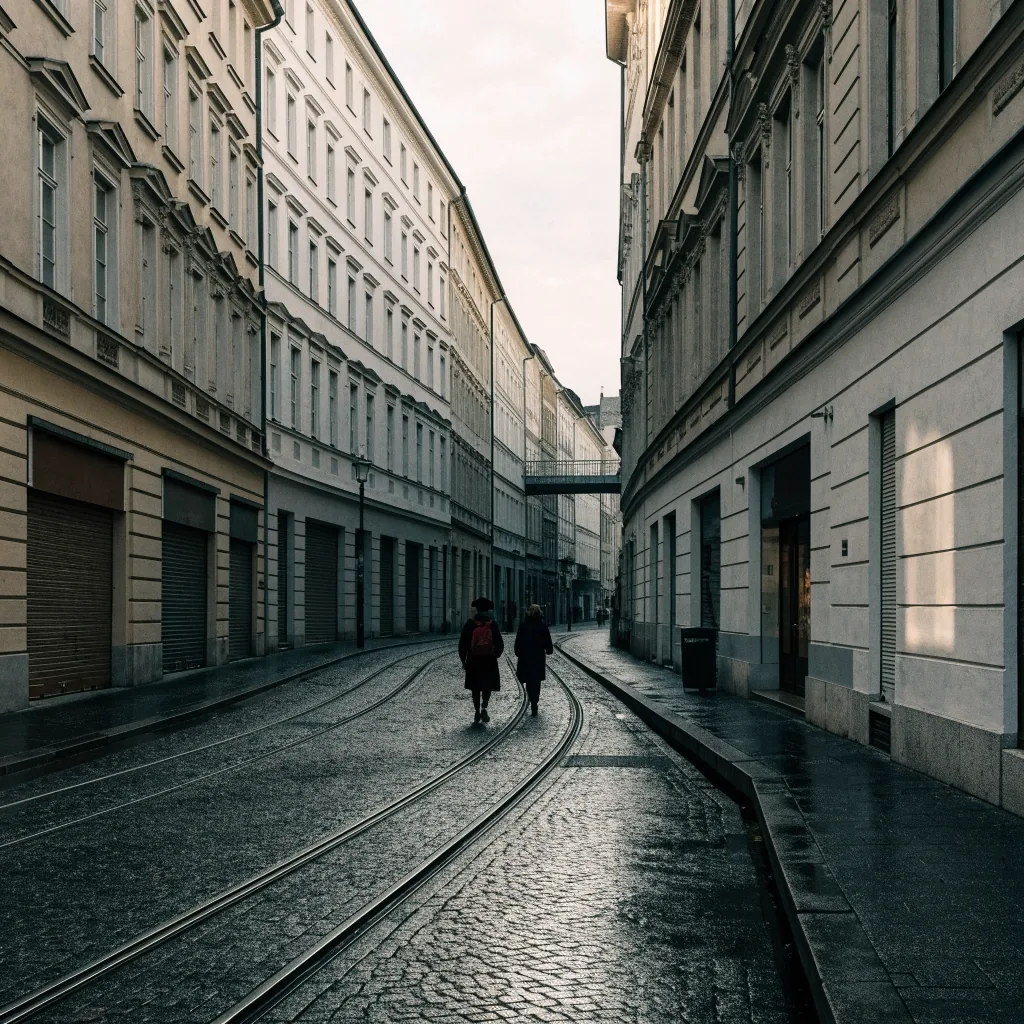 Ruhige Münchner Straße am späten Nachmittag mit nassen Pflastersteinen und Tramschienen