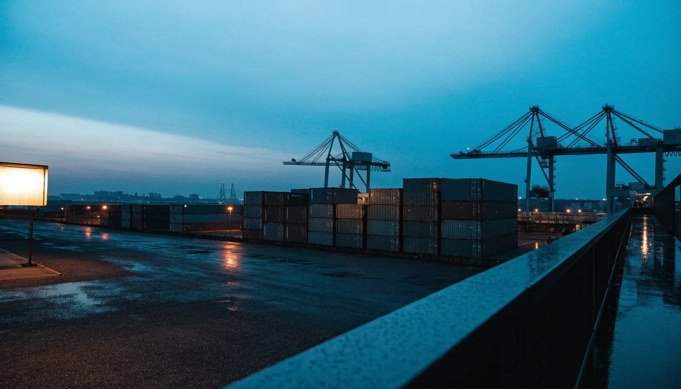 Containerterminal im Hafen bei blauer Stunde