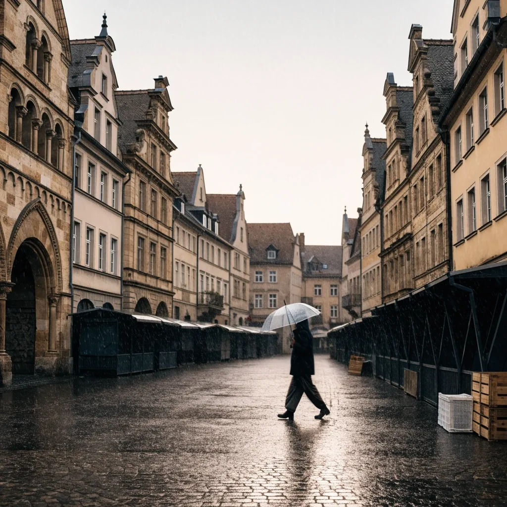 Regennasse Straße in einer deutschen Stadt am frühen Morgen