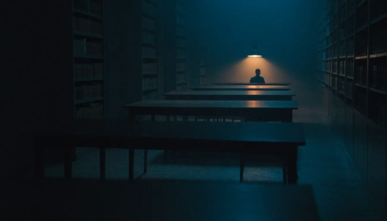 Lesesaal einer Bibliothek am Abend mit einem entfernten Lesenden unter einer Lampe