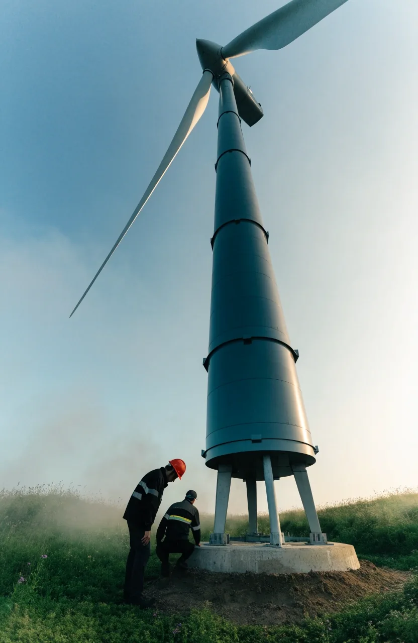 Luftaufnahme eines Wind- und Solarparks in der Morgendämmerung über flacher Landschaft