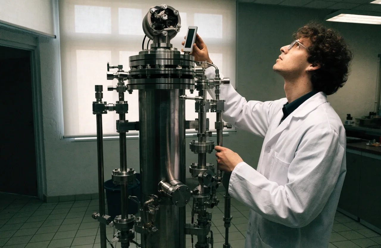 Techniker in einer Industriehalle beim Einstellen eines verkleideten Versuchsaufbaus